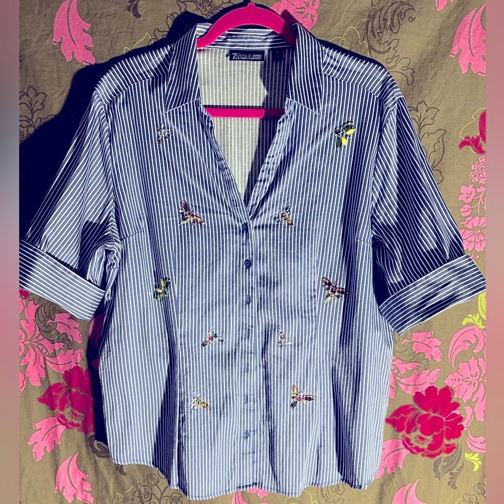 UNIQUE New York & Co Striped Shirt with Gem Dragonflies